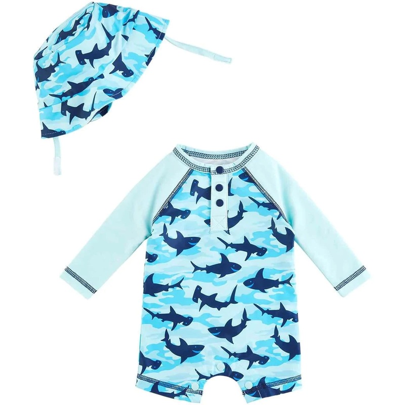 Mud Pie Camo Shark Rash Guard One-Piece & Hat Set 0-3M