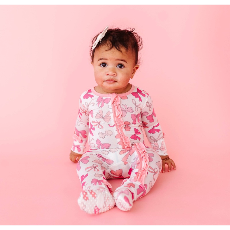 Pink Bows Ruffle Footsie 0-3M