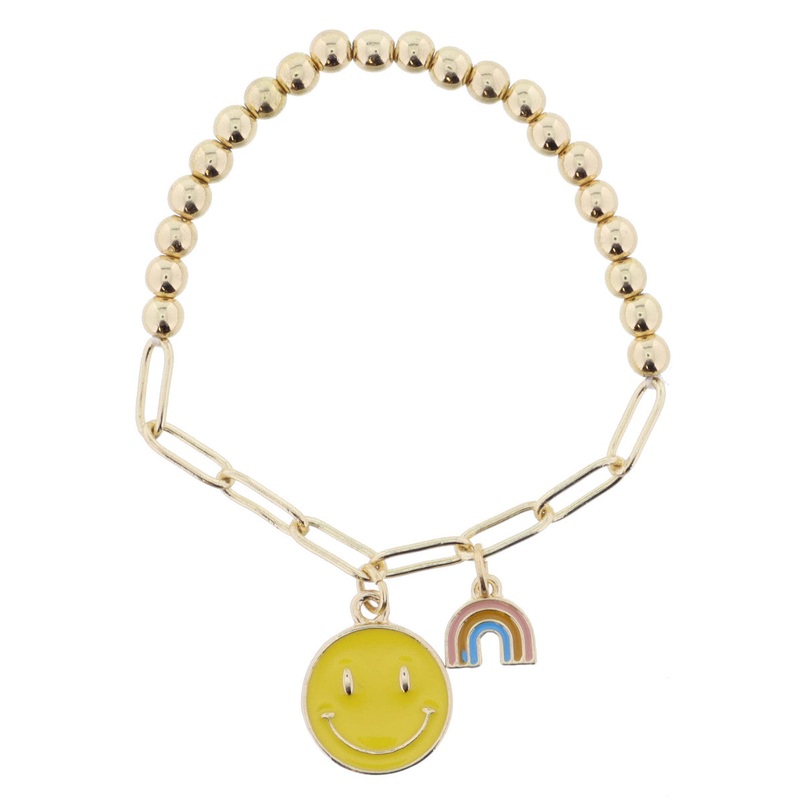 KIDS HALF BEADS, HALF CHAIN WITH YELLOW HAPPY FACE AND MULTI RAINBOW BRACELET