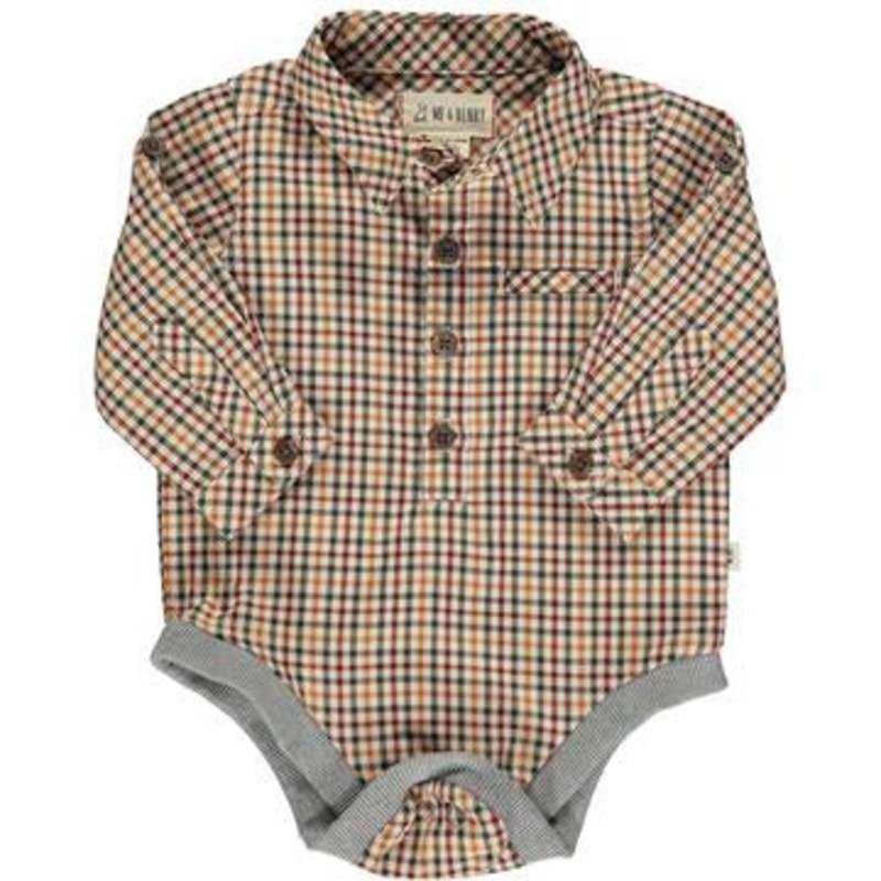 Me & Henry Jasper  Woven Onesie | Navy/Gold Plaid 0-3M