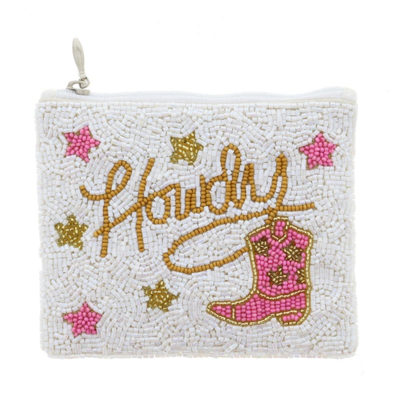 Jane Marie Beaded Coin Purse White with “Howdy” and Pink Cowboy Boot and Stars