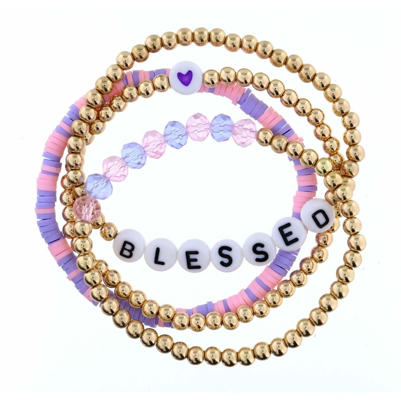 Jane Marie Kids Four You! Bracelet, Set of 4 Gold, Pink, Lavender Beaded with “Blessed”