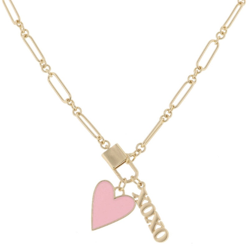 Jane Marie Kids Sprinkled With Love! 14″ Gold Necklace Light Pink Enamel Heart, Gold “XOXO” Bar Necklace, 3″ Ext.