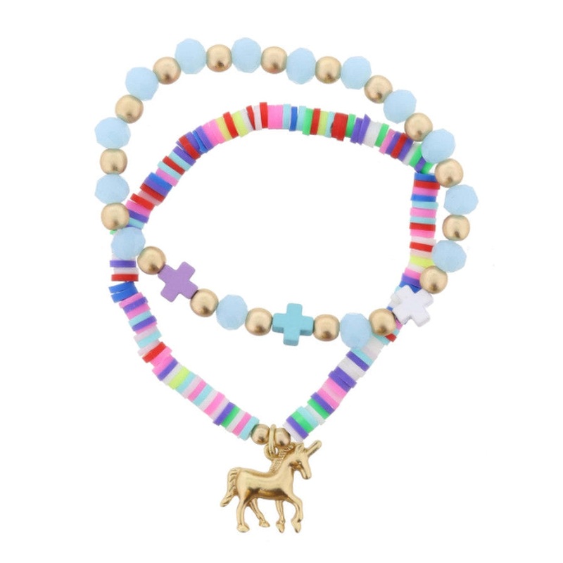 Jane Marie Kids Write It Down! Bracelet Set of 2 Multi Crosses on Blue Beaded Multi Rubber Sequin with Gold Unicorn