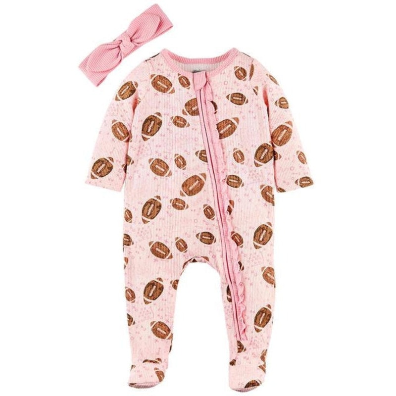 Mud Pie Pink Football Sleeper & Headband Set 0-3M
