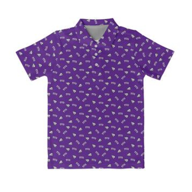 TCU Horned Frogs Vive La Fete Game Day All Over Logo Purple Short Sleeve Polo Box Shirt 2T