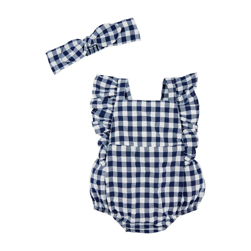 Mud Pie Navy Gingham Bubble & Headband Set 3-6M