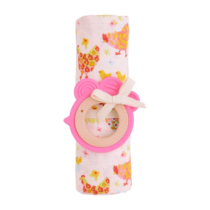 Mud Pie Pink Farm Swaddle & Teether Set