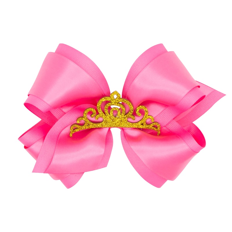 King Princess Grosgrain Hair Bow with Satin Overlay and Glitter Crown HPK