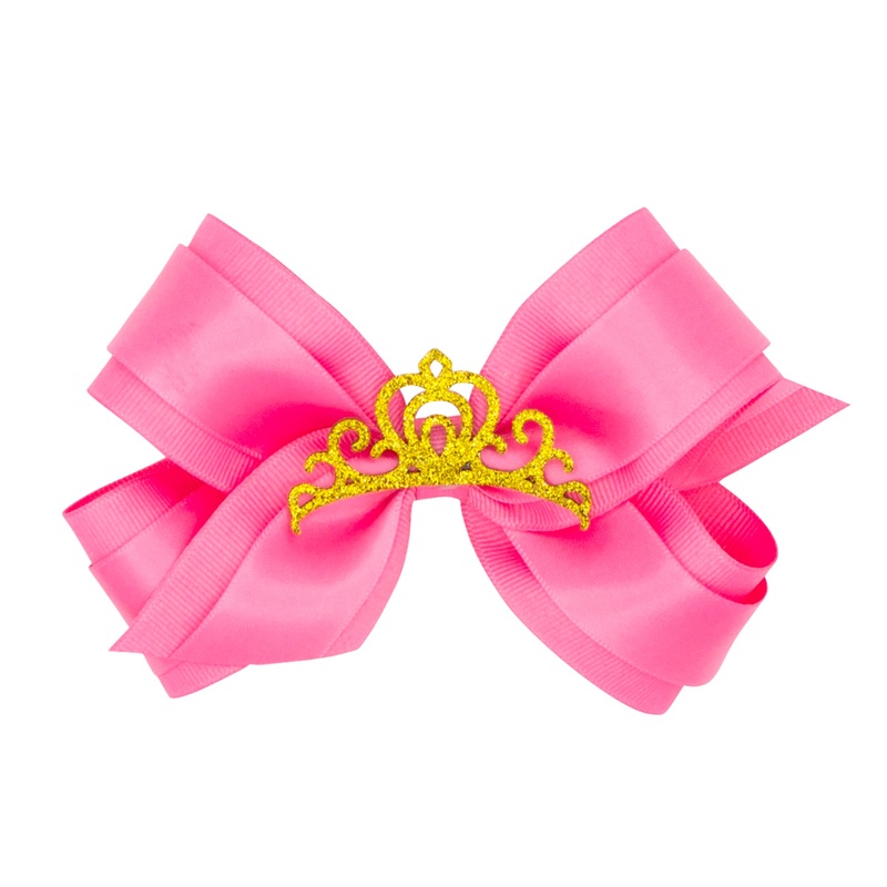 Medium Princess Grosgrain Hair Bow with Satin overlay and Glitter Crown HPK
