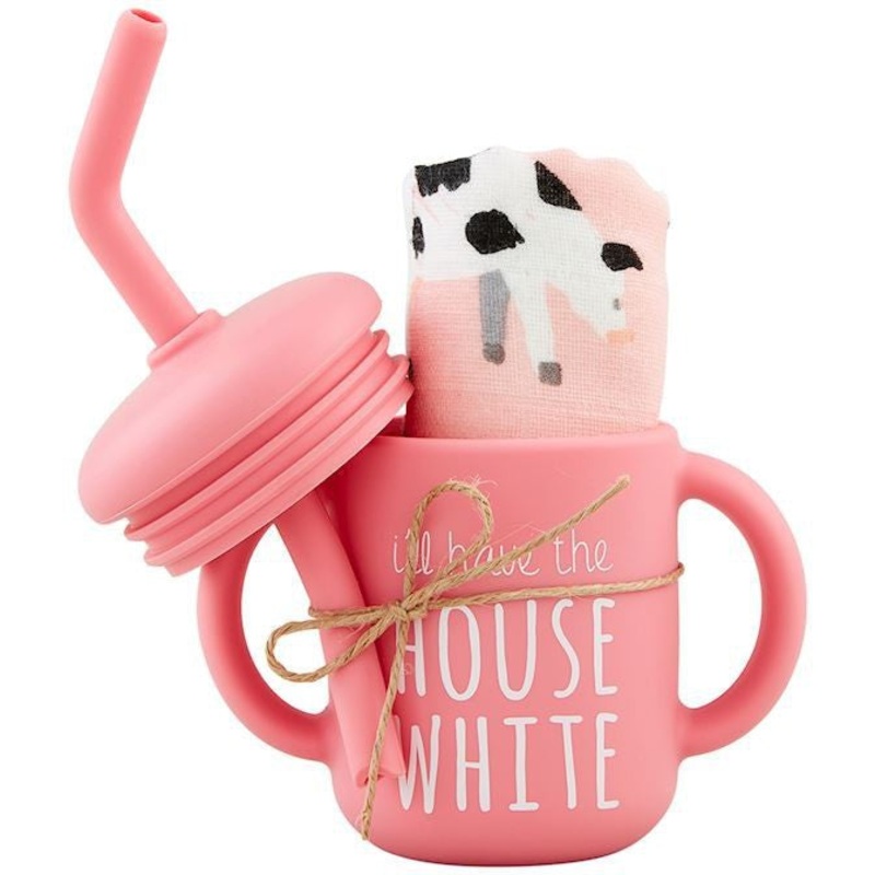 Mud Pie Pink Farm Silicone Cup & Bib Set