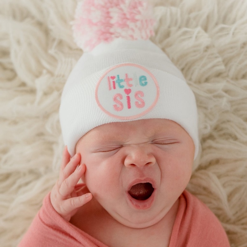 White Little SIS Hat with Pink & White Pom Pom: 0-3 Newborn