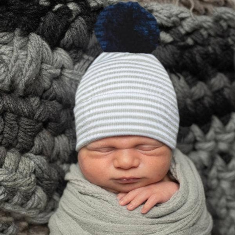 Aidian Gray White Stripe Navy Blue Pom Boys Hospital Hat: Newborn