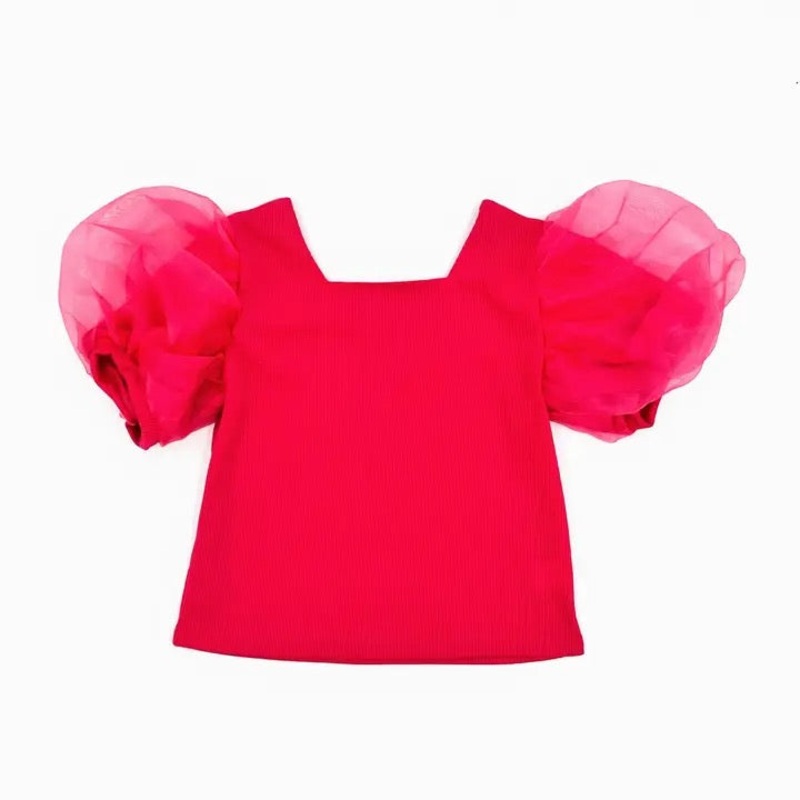 Blended Spirit Ribbed Mesh Puff Sleeve Top | Hot Pink 4T