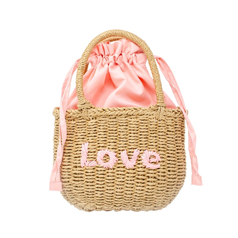 Girls Wicker Basket Message Handbag: Pink “Love”