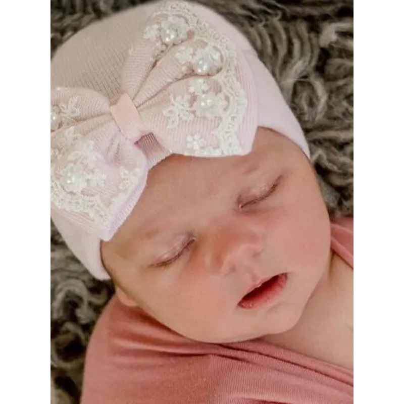 Ilybean Pink Hospital Hat with Lace and Pearl Trim Newborn