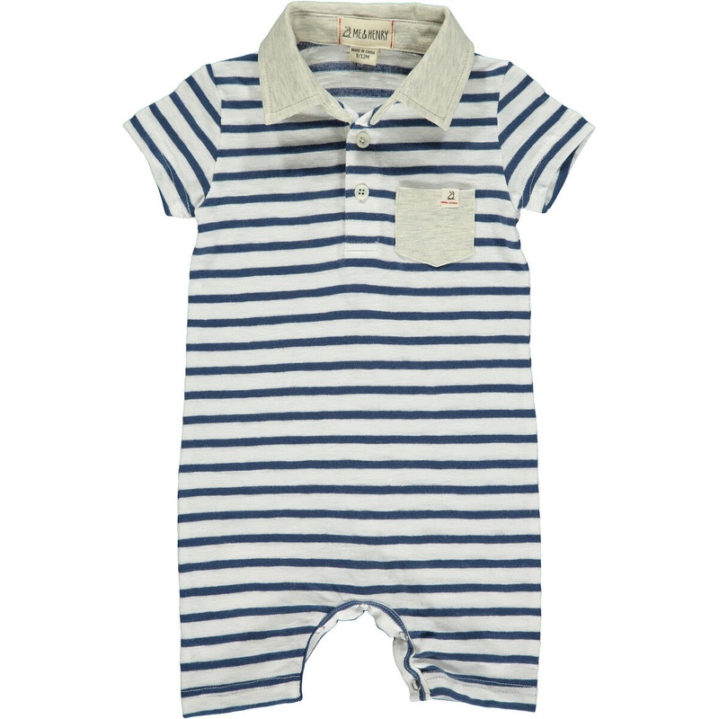 Me & Henry Navy/White Micro Stripe Polo Romper 0-3M