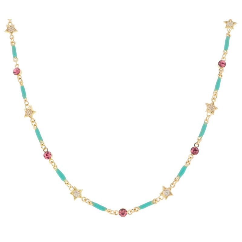 Jane Marie Kids Mini Turquoise Enamel Bars with Alternating Pink Crystal and Mini Pave Star Links Necklace, .15″, .25″ Pendants