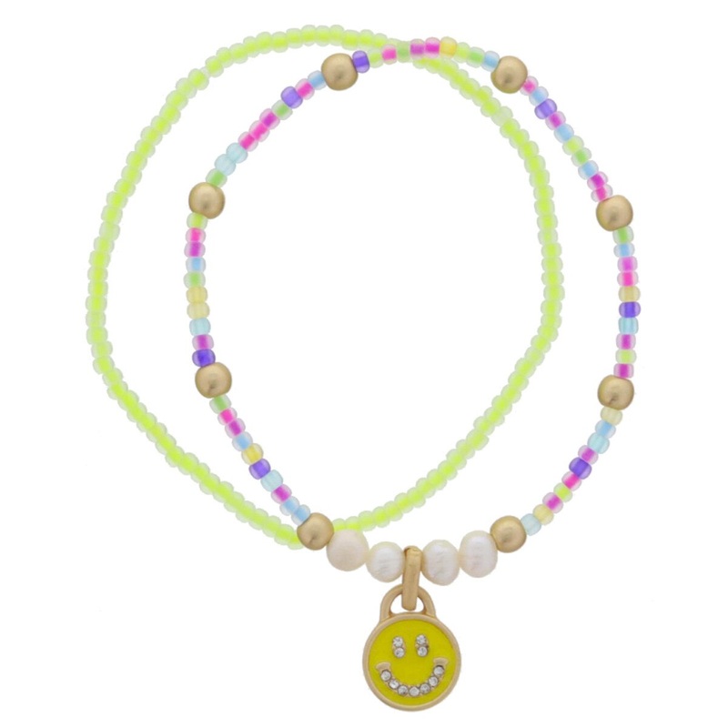 Jane Marie Kids Set of 2, Mini Neon Multi Beaded with Yellow Enamel and Crystal Happy Face, Mini Neon Yellow Beaded Bracelet, .35″ Pendant