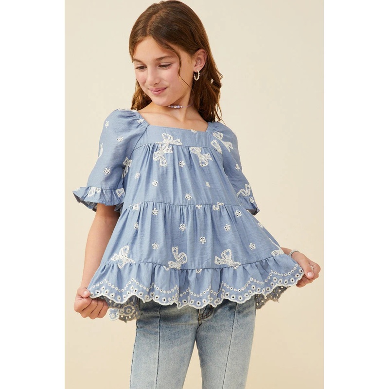 Girls Bow Embroidered Scallop Hem Peplum Top S