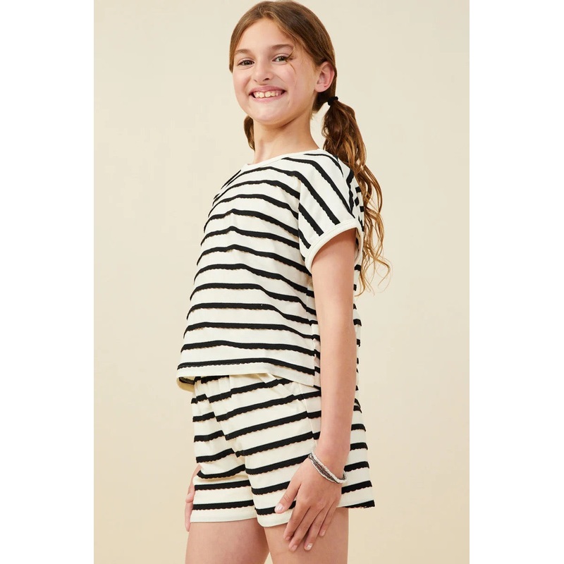 Hayden Elastic Waist Ruffle Textured Stripe Knit Top Black S