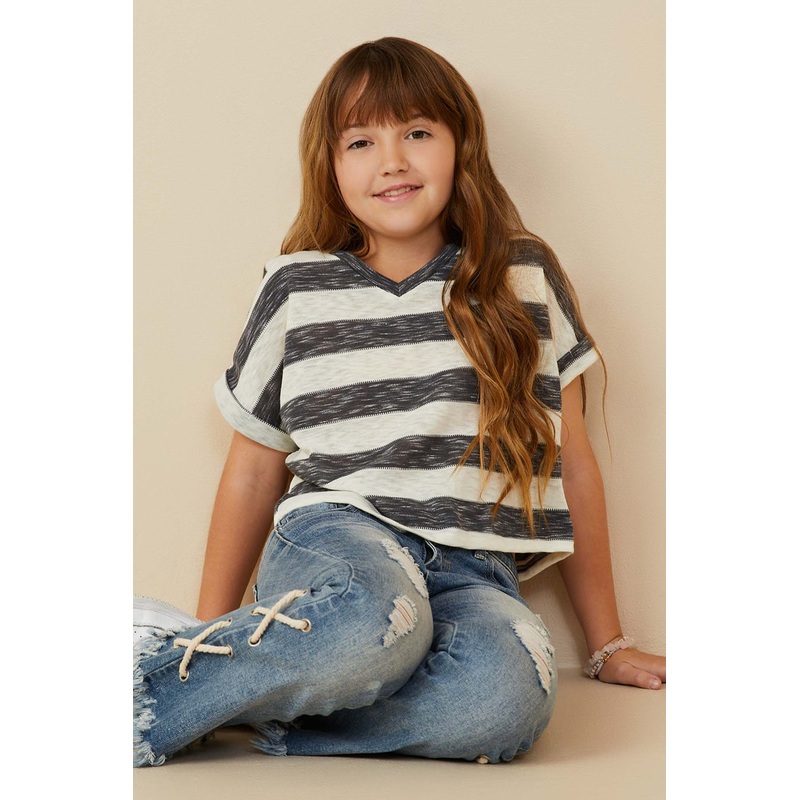 Hayden Heathered Stripe V Neck Knit Top Charcoal S